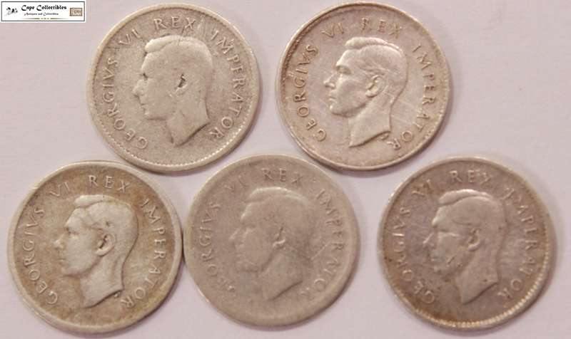 South Africa 3 Pence 1937,1938 x4 Coins (Five Coins) Circulated