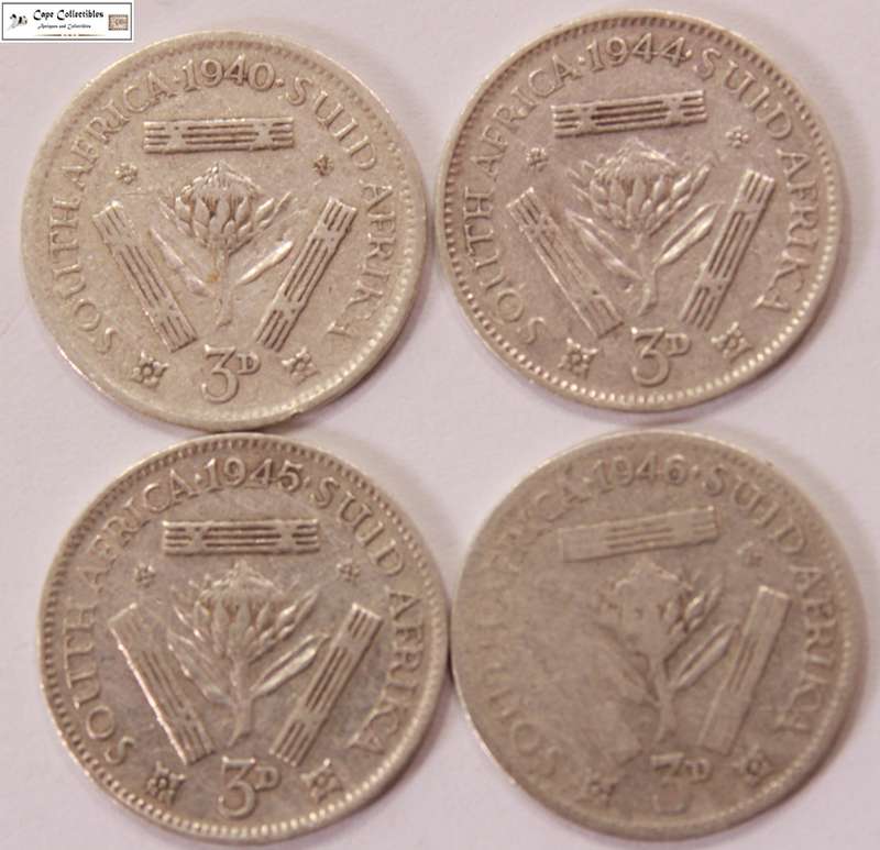 South Africa 3 Pence 1940, 1944, 1945 & 1946 Coins (Four Coins) Circulated.