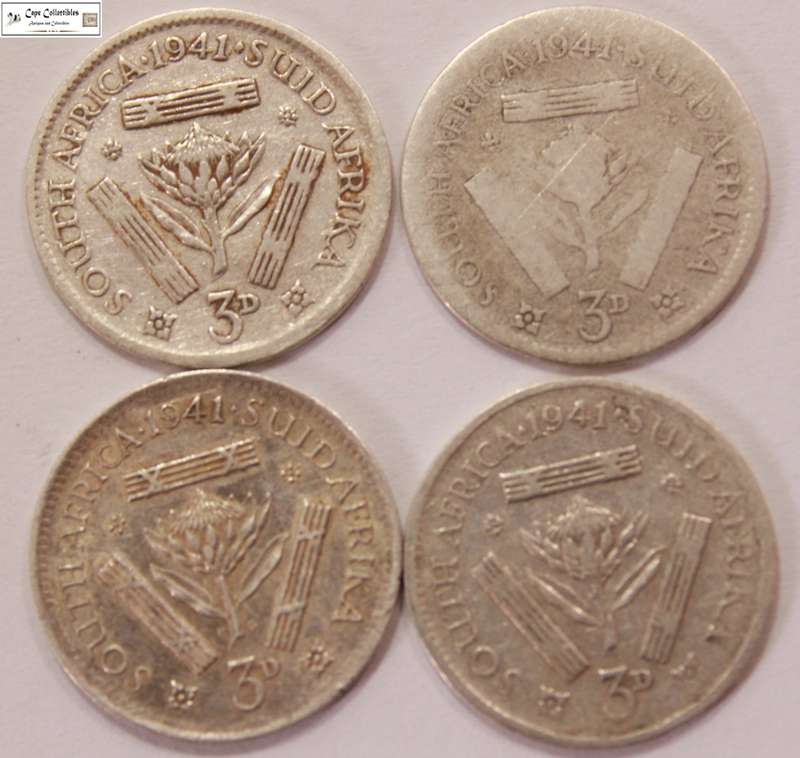 South Africa 3 Pence 1941 x4 Coins (Four Coins) Circulated