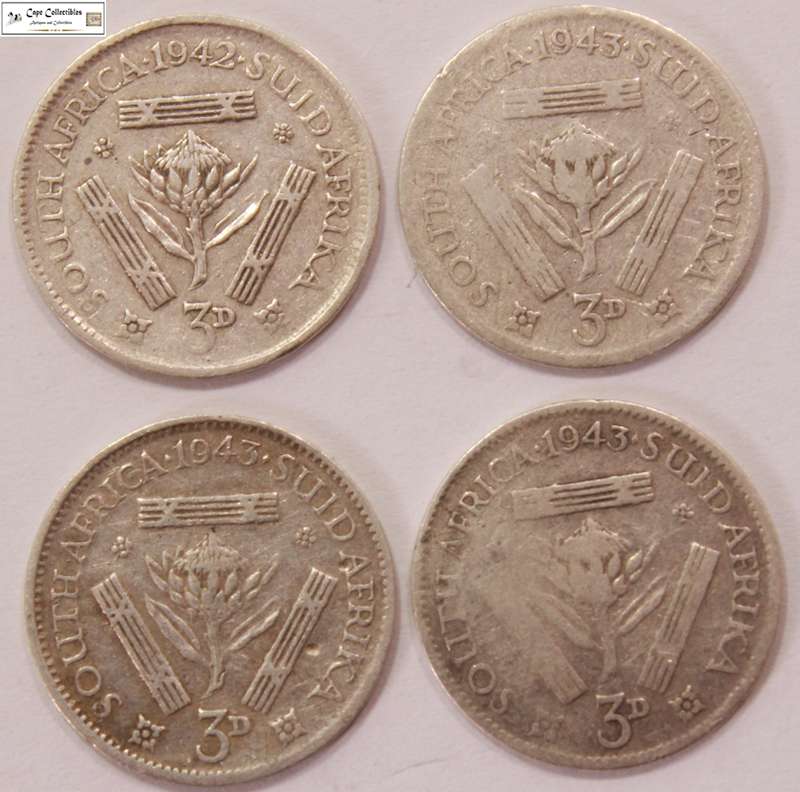 South Africa 3 Pence 1942, 1943 x3 Coins (Four Coins) Circulated