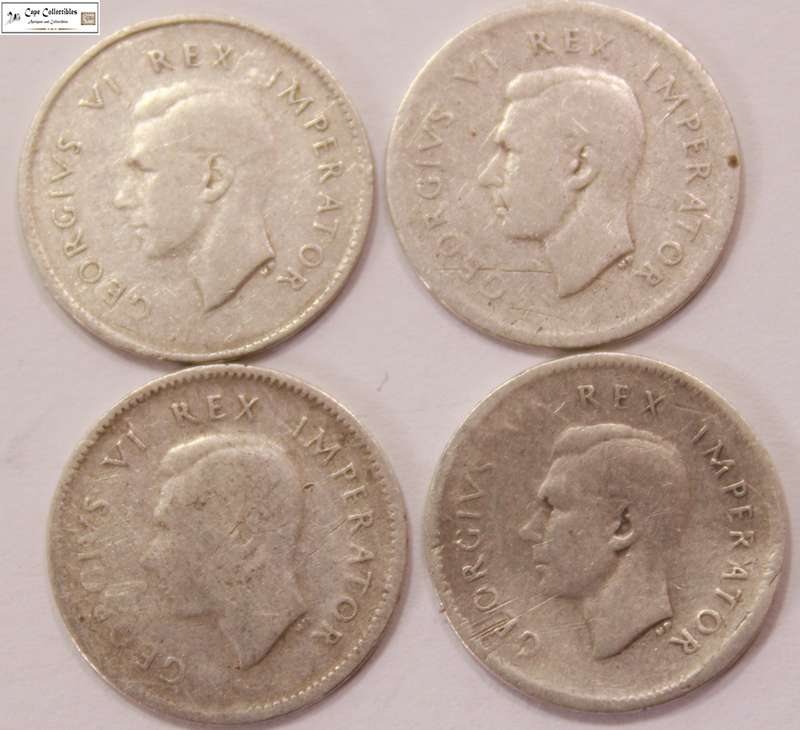South Africa 3 Pence 1942, 1943 x3 Coins (Four Coins) Circulated