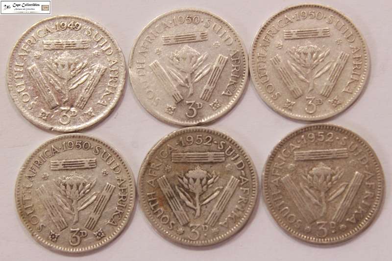 South Africa 3 Pence 1949, 1950 x3, 1952 x2 Coins (Six Coins) Circulated.