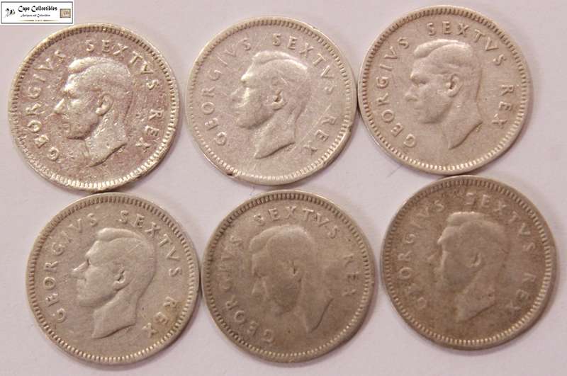 South Africa 3 Pence 1949, 1950 x3, 1952 x2 Coins (Six Coins) Circulated.