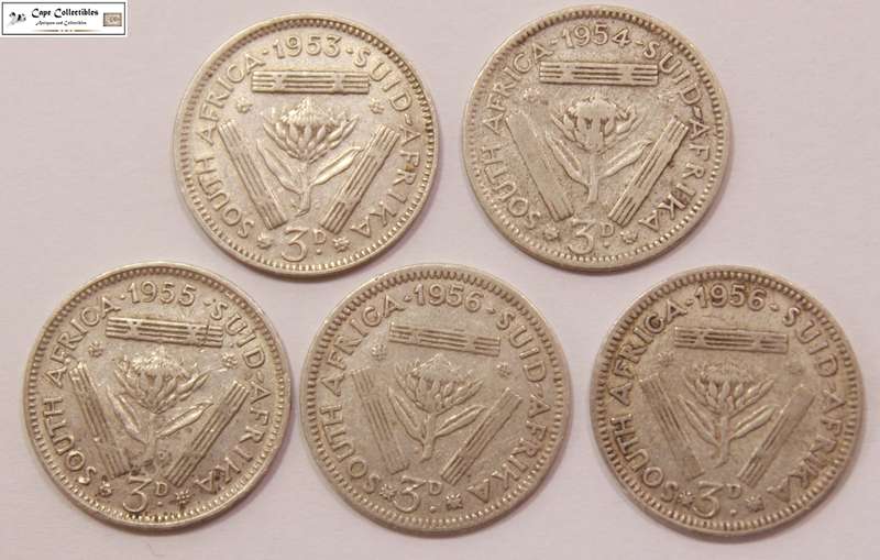 South Africa 3 Pence 1953,1954,1955 & 1956 x2 Coins (Five Coins) Tickey Circulated