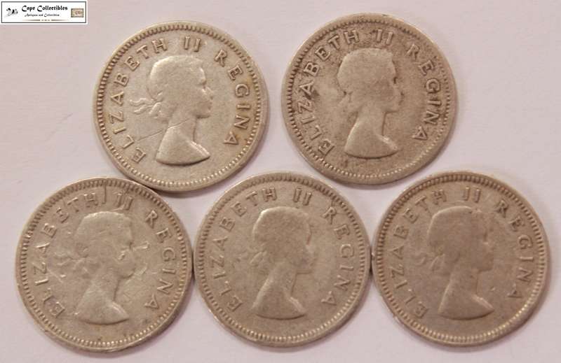 South Africa 3 Pence 1953,1954,1955 & 1956 x2 Coins (Five Coins) Tickey Circulated