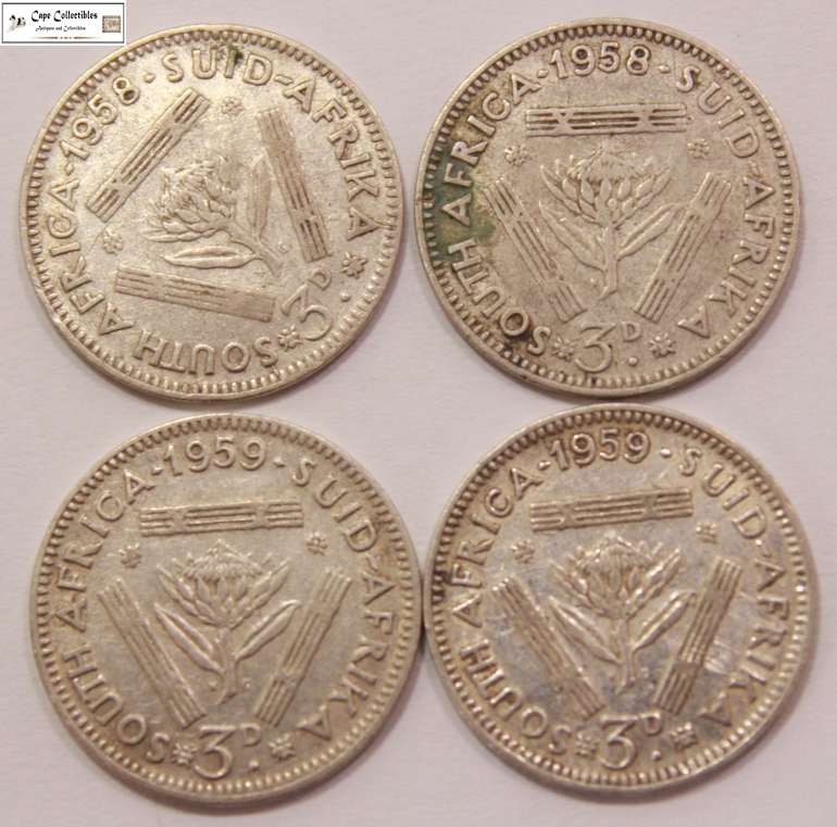 South Africa 3 Pence 1958 x2 & 1959 x2 Coins (Four Coins) Tickey Circulated