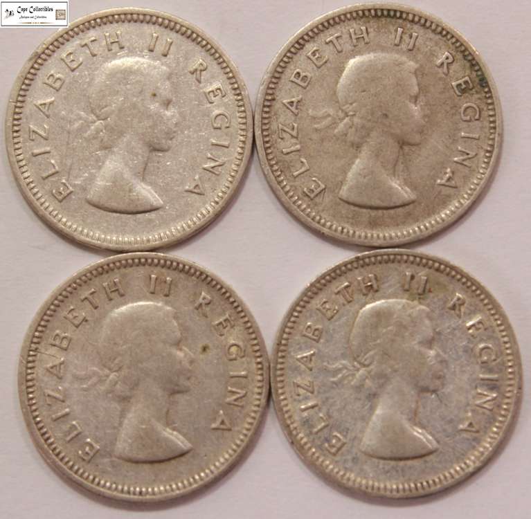 South Africa 3 Pence 1958 x2 & 1959 x2 Coins (Four Coins) Tickey Circulated