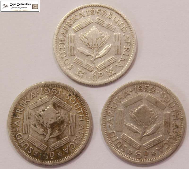 South Africa 1950, 1951, 1952 6 Pence 6d Sixpence Coin (Three Coins) Circulated