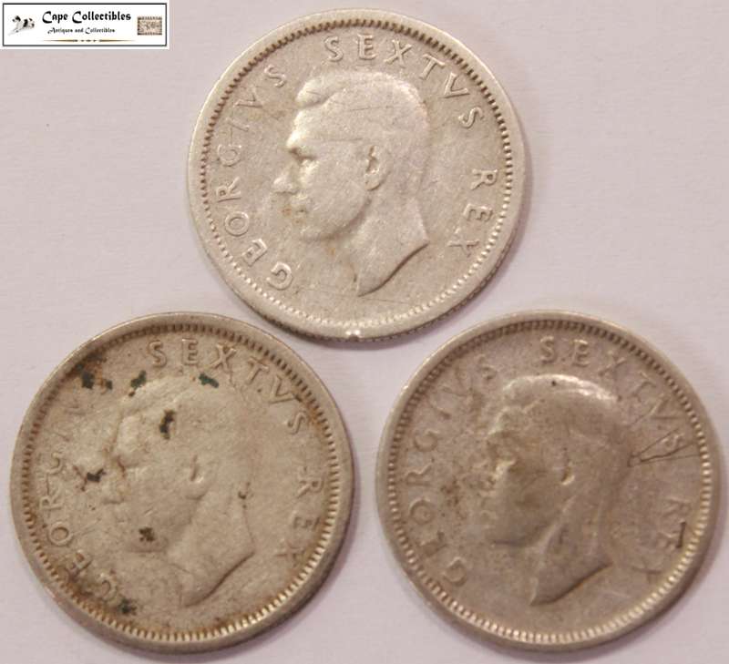 South Africa 1950, 1951, 1952 6 Pence 6d Sixpence Coin (Three Coins) Circulated