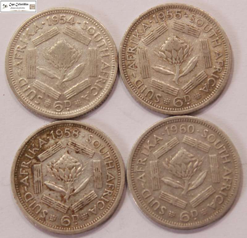 South Africa 1954, 1955, 1958 & 1960 6 Pence 6d Sixpence Coin (Four Coins) Circulated