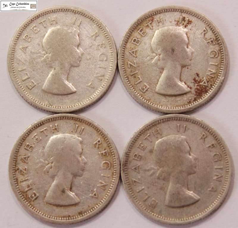 South Africa 1954, 1955, 1958 & 1960 6 Pence 6d Sixpence Coin (Four Coins) Circulated