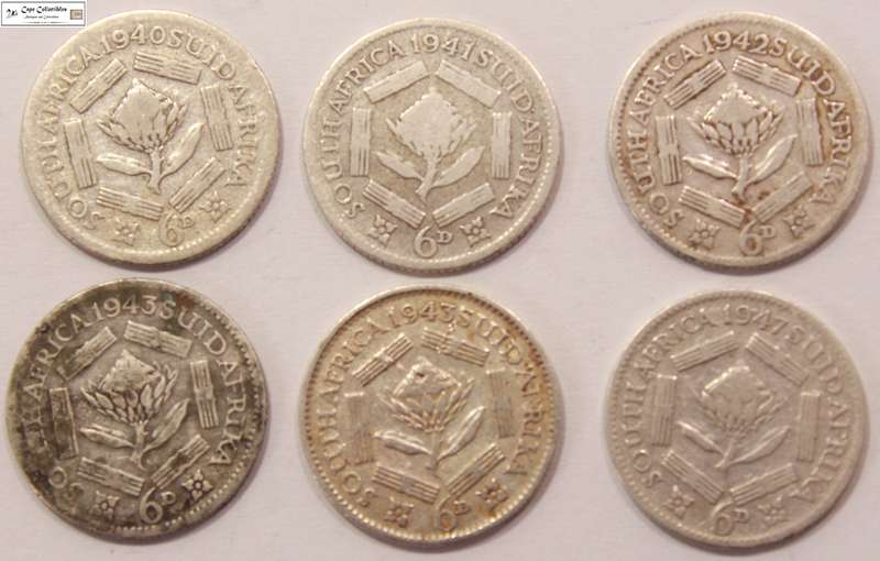 South Africa 1940, 1941, 1942, 1943x2 & 1947 6 Pence 6d Sixpence Coin (Six Coins) Circulated