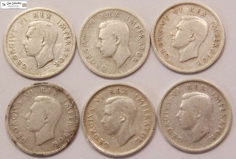 South Africa 1940, 1941, 1942, 1943x2 & 1947 6 Pence 6d Sixpence Coin (Six Coins) Circulated