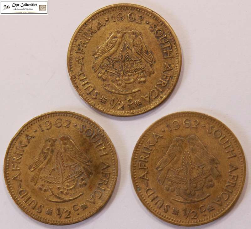 South Africa 1/2 Cent 1962 x 3 (Three Coins) Circulated