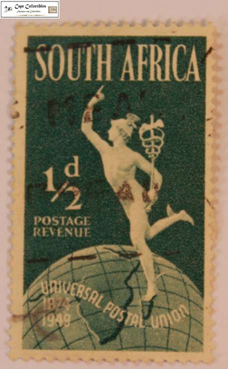 South Africa 1/2 Penny 1949 Mercury (Hermes) and Globe Postal Union 75 Years Stamp (Scott 109)