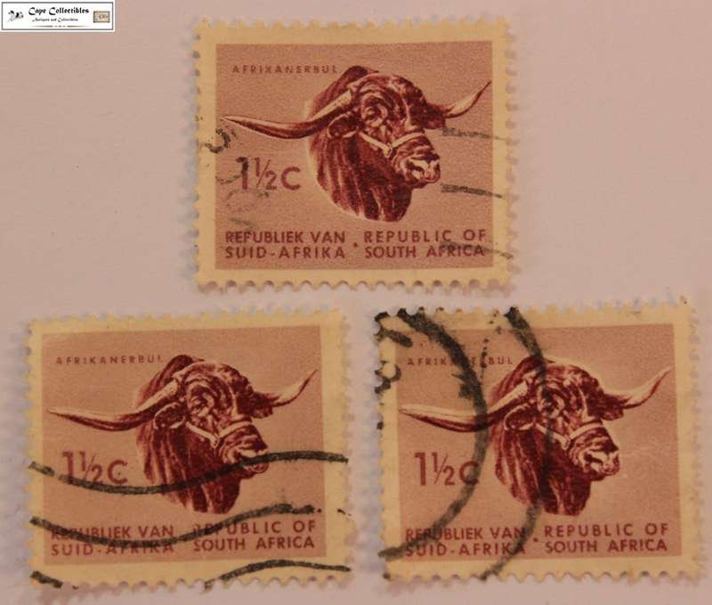 South Africa 3 x 1 1/2 Cent 1961 Afrikaner Bull Stamps (Scott 328)