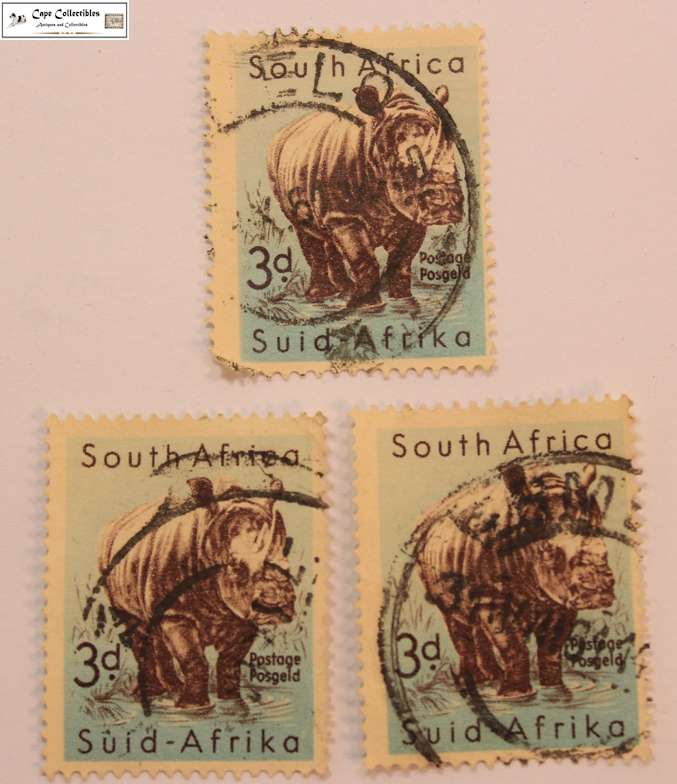 South Africa 3 x 3 Pence 1954 Rhinoceros Stamps (Scott 223)