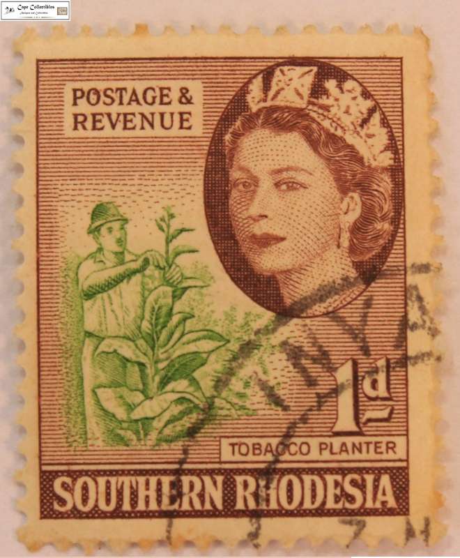 Southern Rhodesia 1 Penny Queen 1953 Elizabeth II Tobacco Planter Stamp (Scott 82)