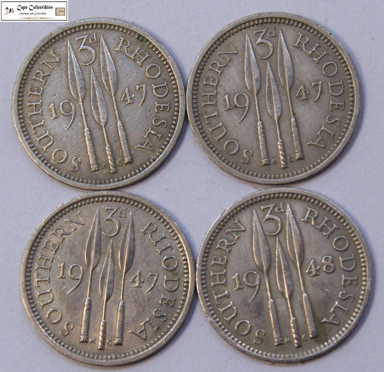 Southern Rhodesia 3 Pence 3x 1947 & 1x 1948 (Four Coins) Circulated.