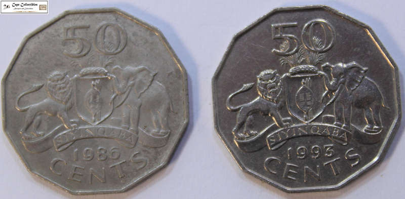 Swaziland 2 x 50 Cents Coins 1986 & 1993 King Mswati III Circulated