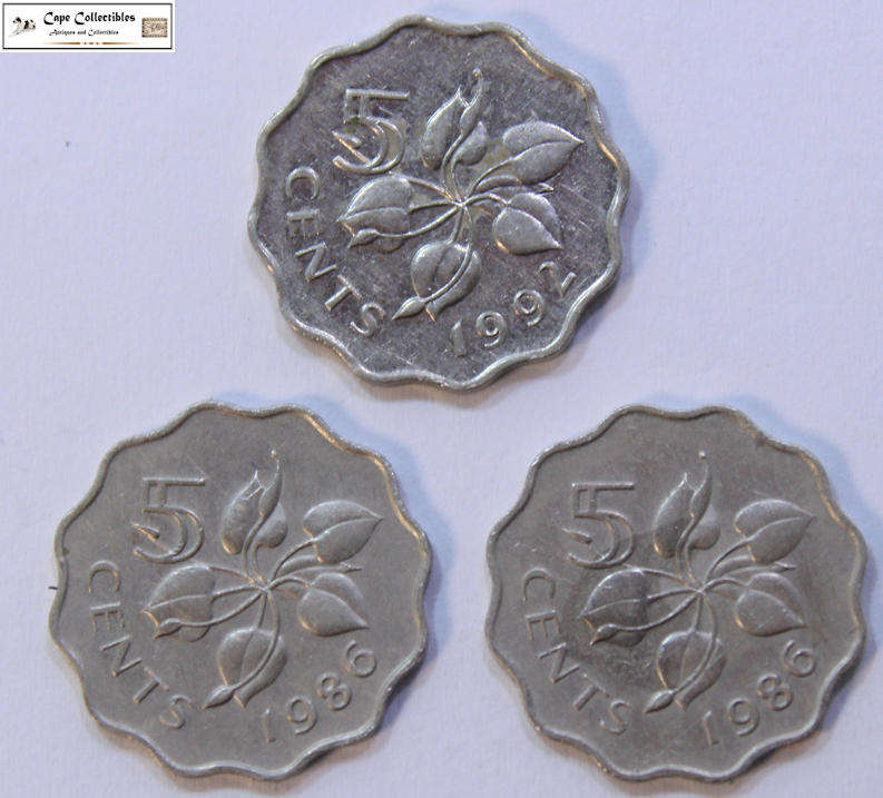 Swaziland 3 x 5 Cents Coins 1986 & 1992 King Mswati III Circulated