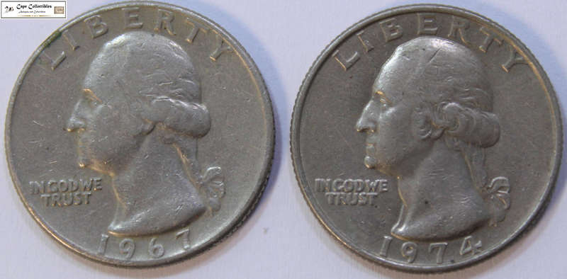 United States Of America 1967 & 1974 1/4 Dollar (Two Coins) "Washington Quarter" Circulated