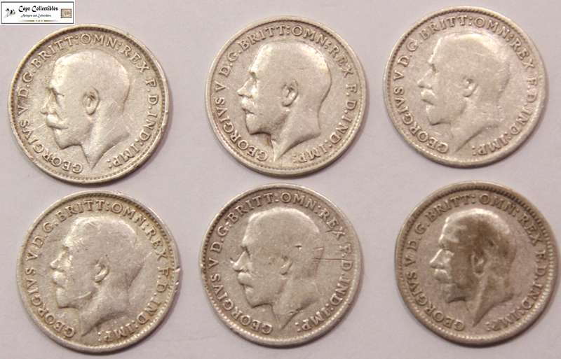 United Kingdom 3 Pence 1912/1913/1915/1917/1920/1926 Coins (Six Coins) Circulated
