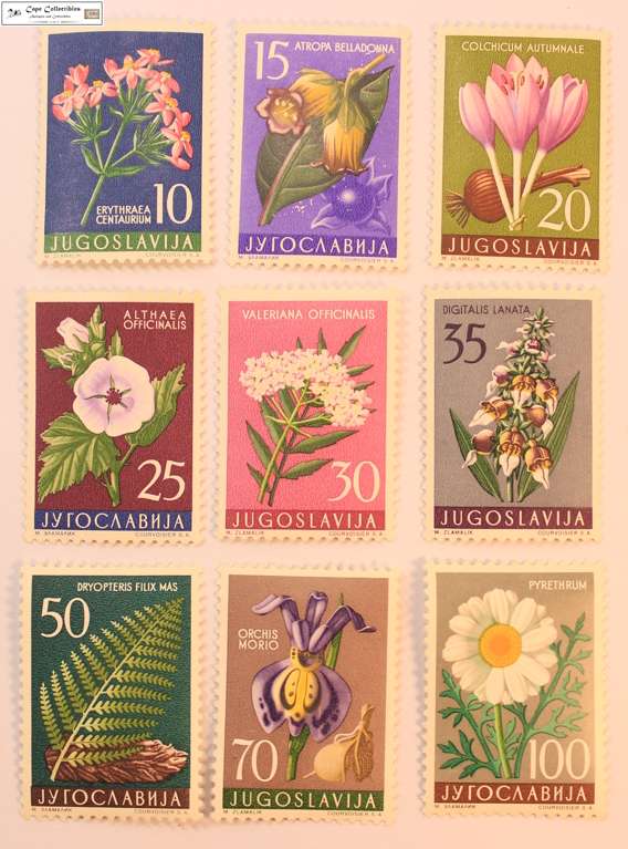 Yugoslavia 9 x 1957 Medicinal Plant Series 10 Dinar to 100 Dinar Stamps (Scott 469-477)