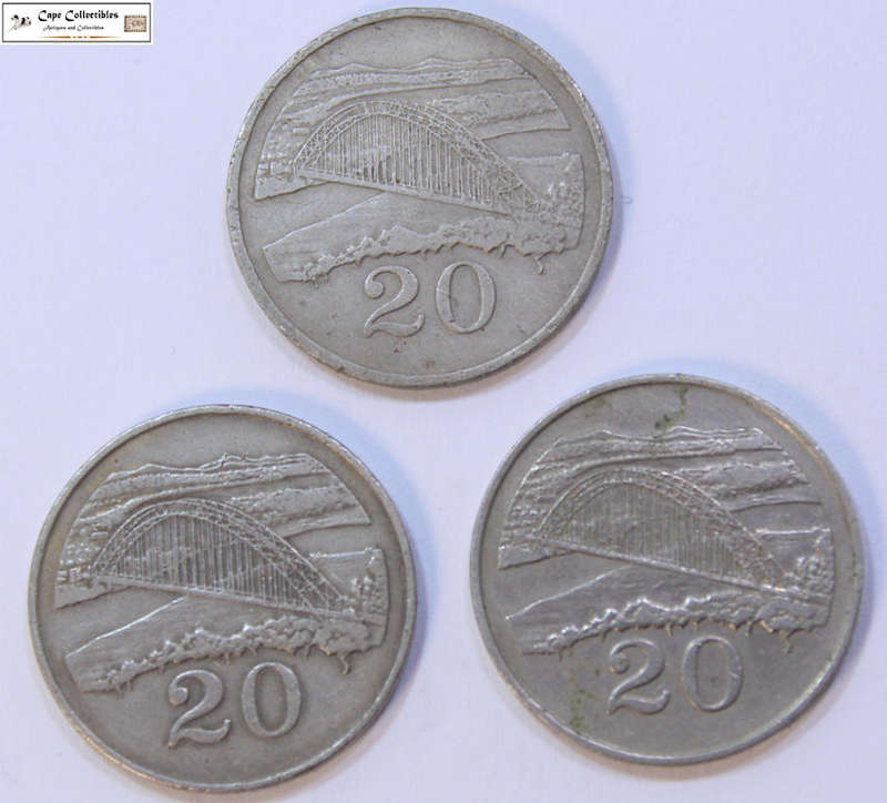 Zimbabwe 1980, 1988 & 1989 20 Cent (Three Coins) Circulated