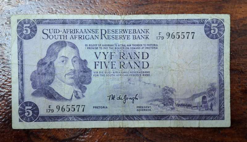 South African Five Rand Bank Note - T.W. De Jongh