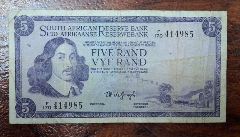 South African Five Rand Bank Note - T.W. De Jongh