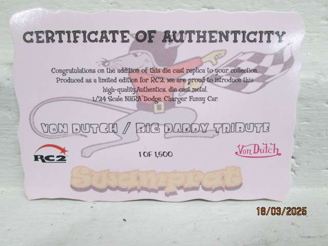 DIE CAST - 1:24 SCALE - RACING CHAMPIONS - DODGE BIG DADDY VON DUTCH  - FUNNY CAR - BOXED