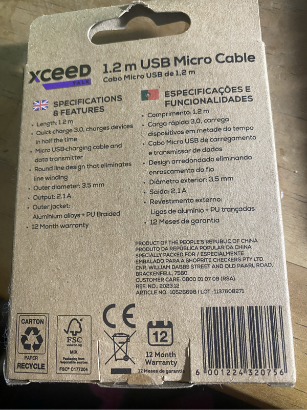 1.2 m USB micro cable