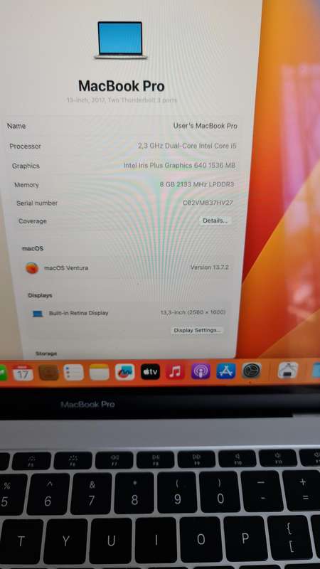 MACBOOK PRO 13 - 2017 MODEL - 8GB -128GB - FULL WORKING CONDITION