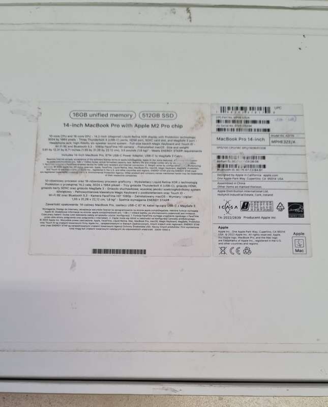 MACBOOK PRO 14 - 2023 MODEL - A2779 - M2 PRO CHIP - 16GB - 512GB - BATTERY CYCLE COUNT 24 - WITH BOX