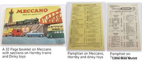 A 1957 32 Page booklet on Meccano, Hornby and Dinky toys plus 2 Pamhplets---Buy now