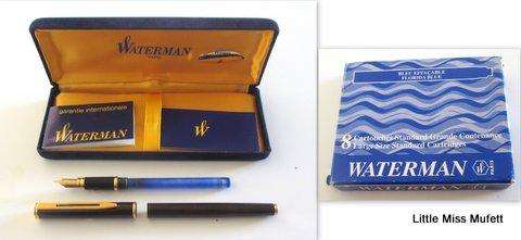 A Waterman fountain pen with an 18ct gold nib  and a full set of cartridges ,with booklets etc