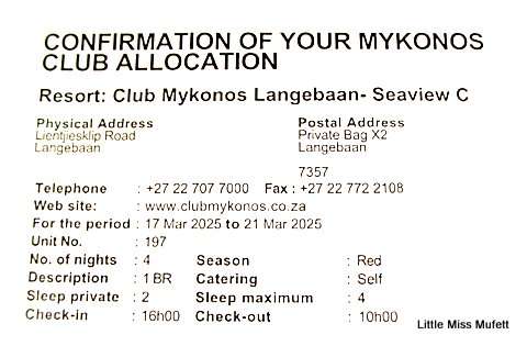 Midweek at Mykonos Western Cape, 17th-21st March, 4 sleeper, 2 adults 2 children under 12