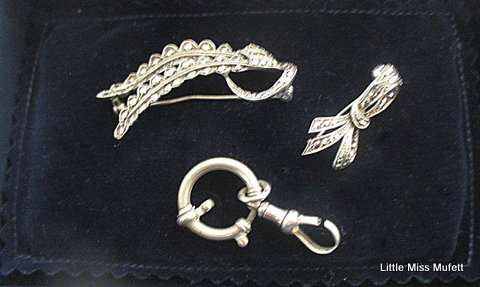 3 Sterling silver items. A Link for a pocket watch chain and 2 marcasite brooches--Total 17 Gram
