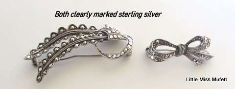 3 Sterling silver items. A Link for a pocket watch chain and 2 marcasite brooches--Total 17 Gram