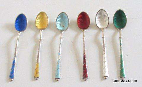READ DEFECTS.. STERLING SILVER AND ENAMEL COFFEE SPOONS---Denmark 48 Gram