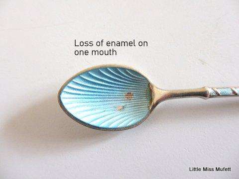READ DEFECTS.. STERLING SILVER AND ENAMEL COFFEE SPOONS---Denmark 48 Gram