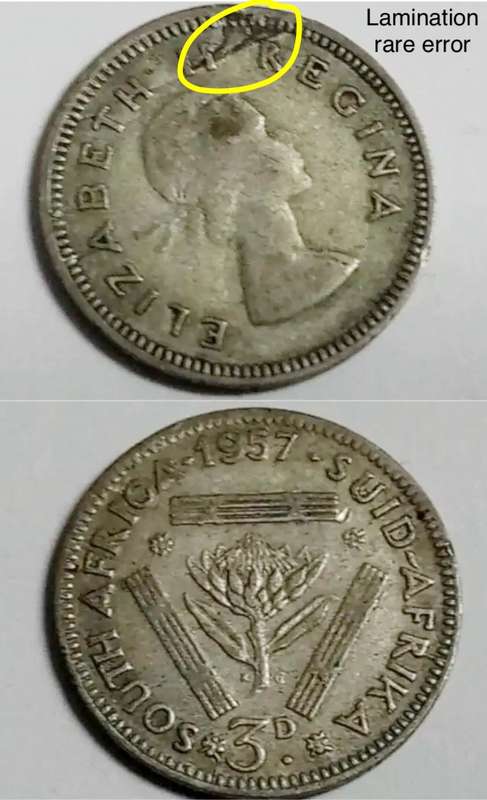 Rare error 1957 SA 3d Tickey. Errors are rare in early SA coins