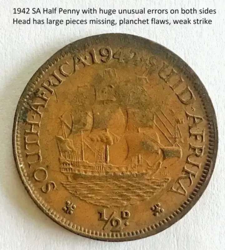 1942 SA Half Penny with unusual severe flaw errors