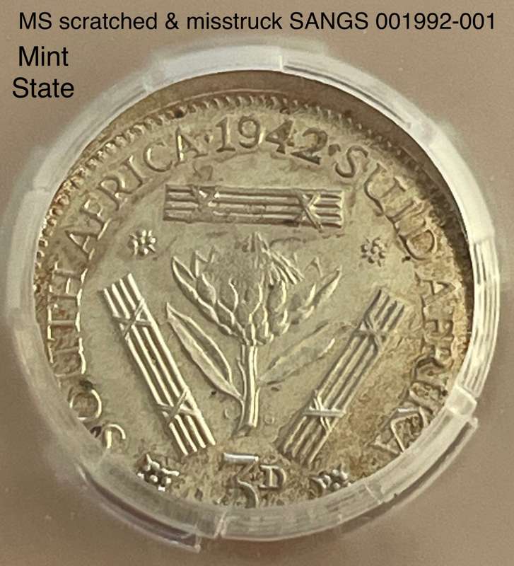 Rare misstruck graded 1942 SA tickey 3d.