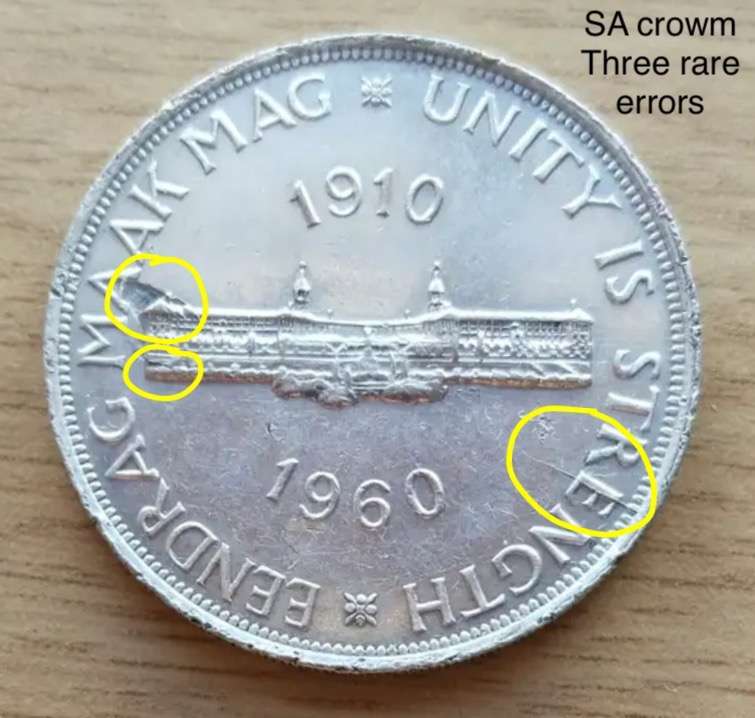 Rate tripple error 1960 SA crown. Faulty planchet, and cracked die.