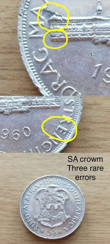 Rate tripple error 1960 SA crown. Faulty planchet, and cracked die.