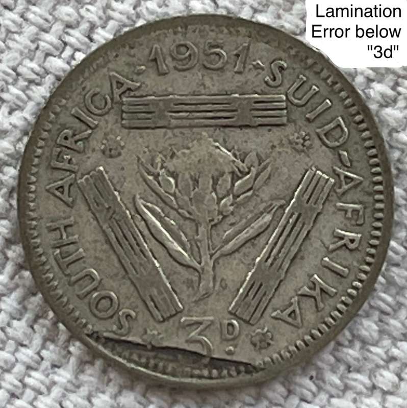 Rare lamination error 1951 SA 3d Tickey. Error is below "3d".