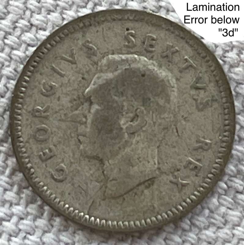 Rare lamination error 1951 SA 3d Tickey. Error is below "3d".