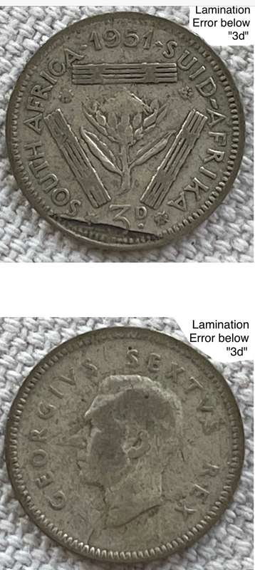 Rare lamination error 1951 SA 3d Tickey. Error is below "3d".